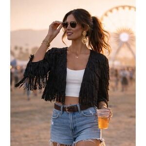 VTG Lew Magram Womens Festival Boho Fringe Bolero Crop Jacket Sz M Westerncore